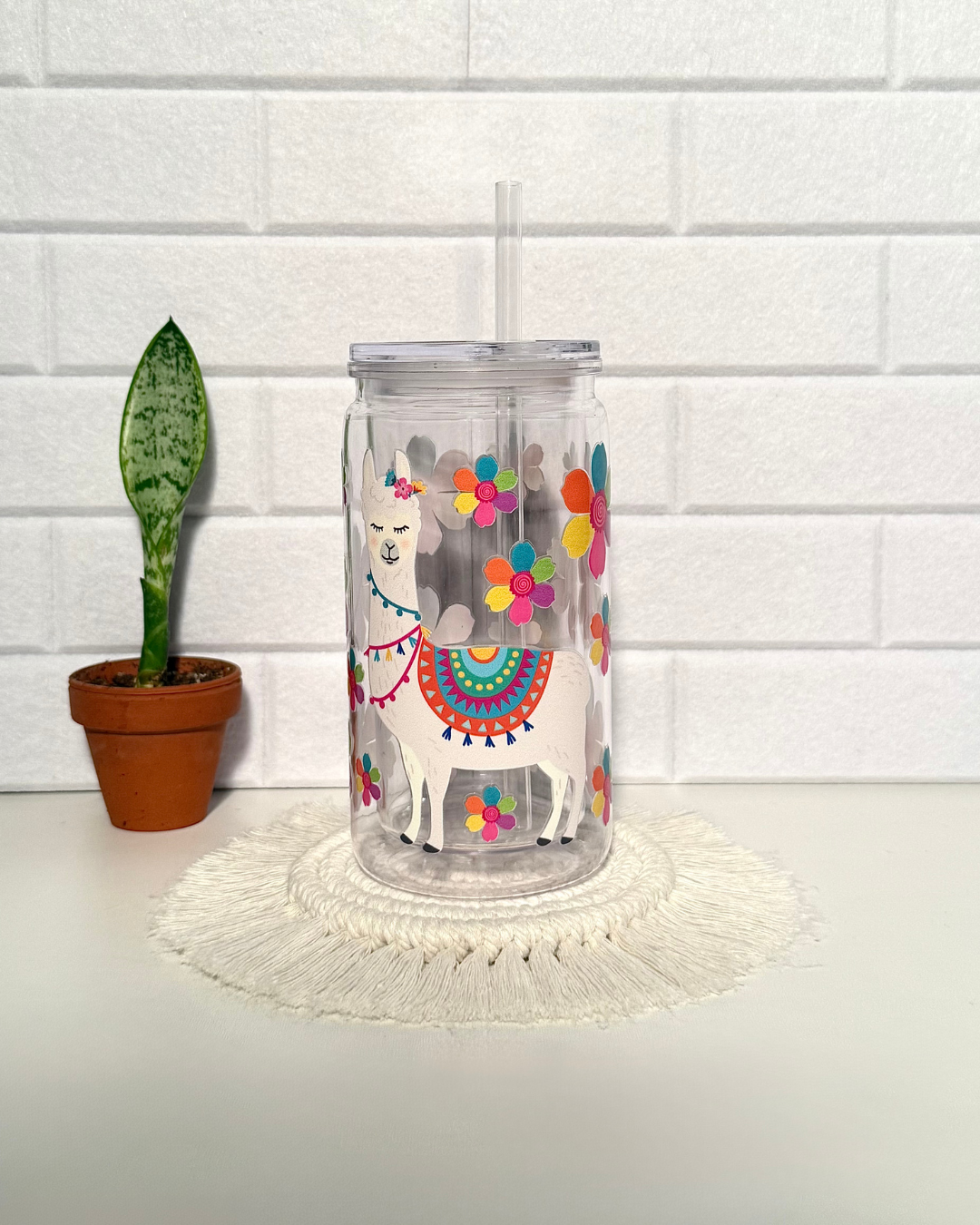 Schneekugel-Glitzertrinkbecher 470ml "Blumenlama"