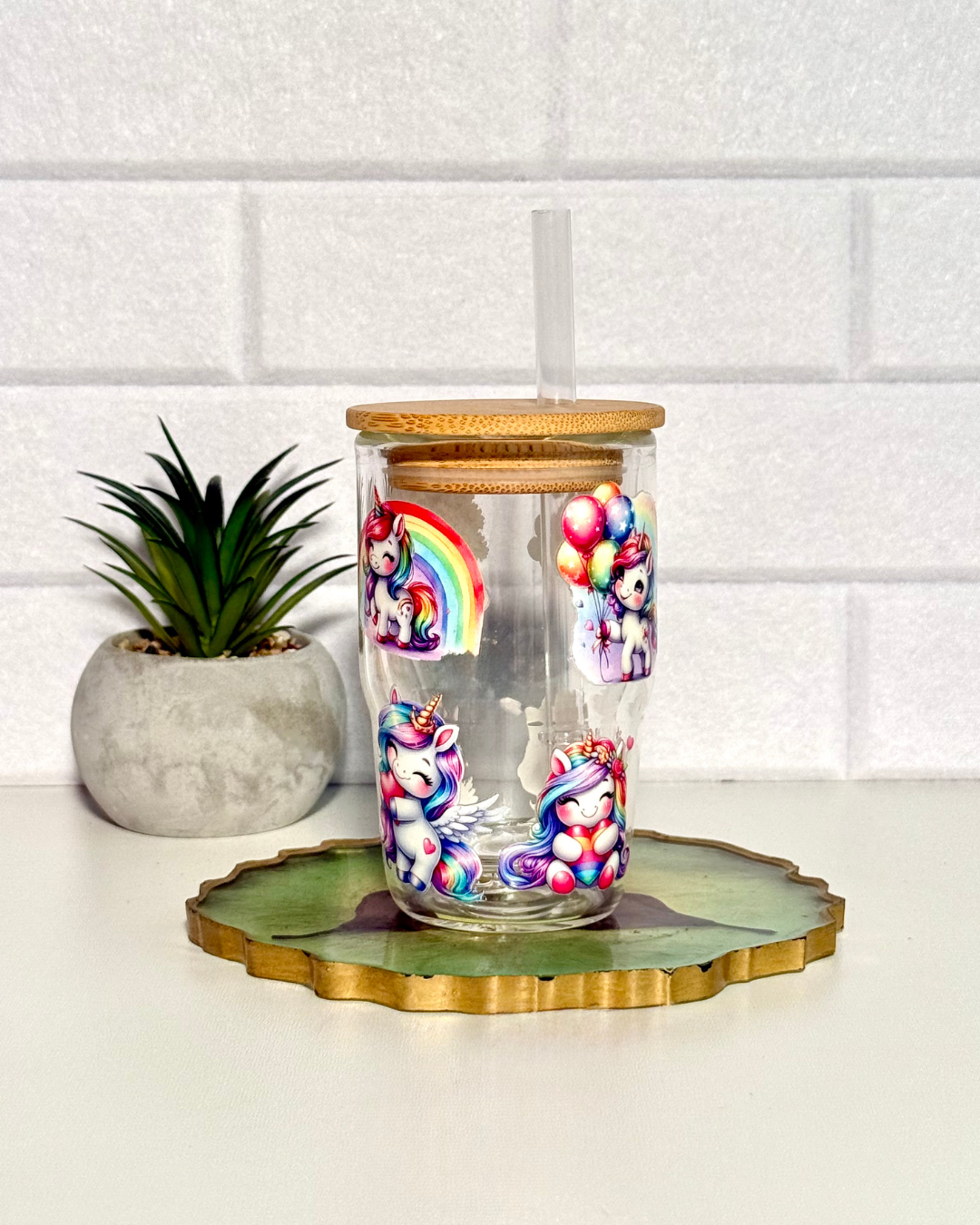 Schneekugel Mini-Glitzertrinkglas 130ml "Einhornparadies"