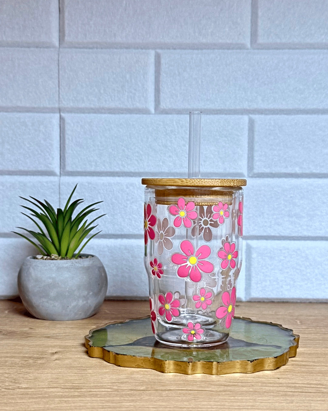 Schneekugel Mini-Glitzertrinkglas  "Pinke Blütenpracht" 130 ml