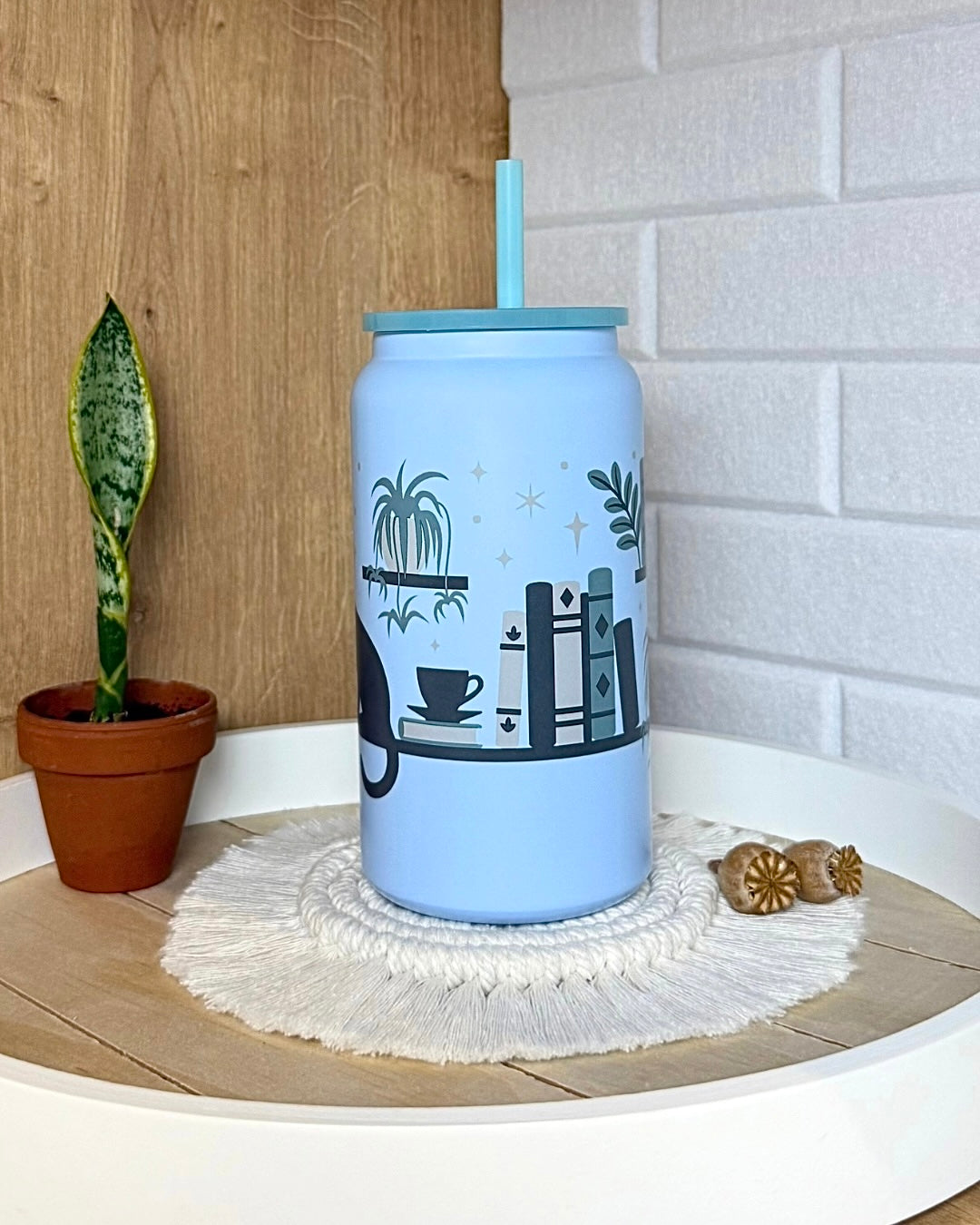 Edelstahl-Trinkbecher "Katze am Bücherregal" mit Henkel 500ml