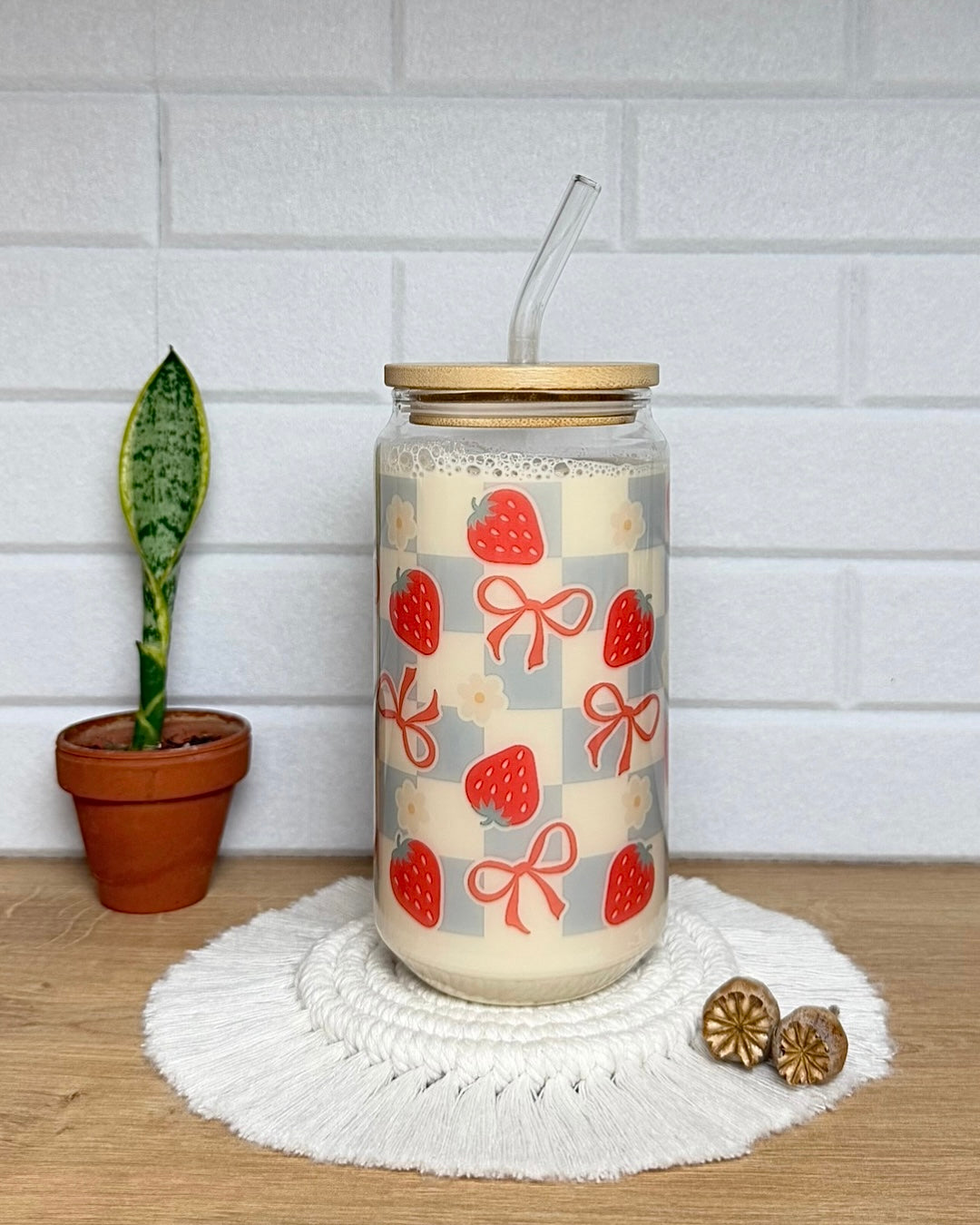 Klares Trinkglas "Erdbeeren im Karostil" 550ml