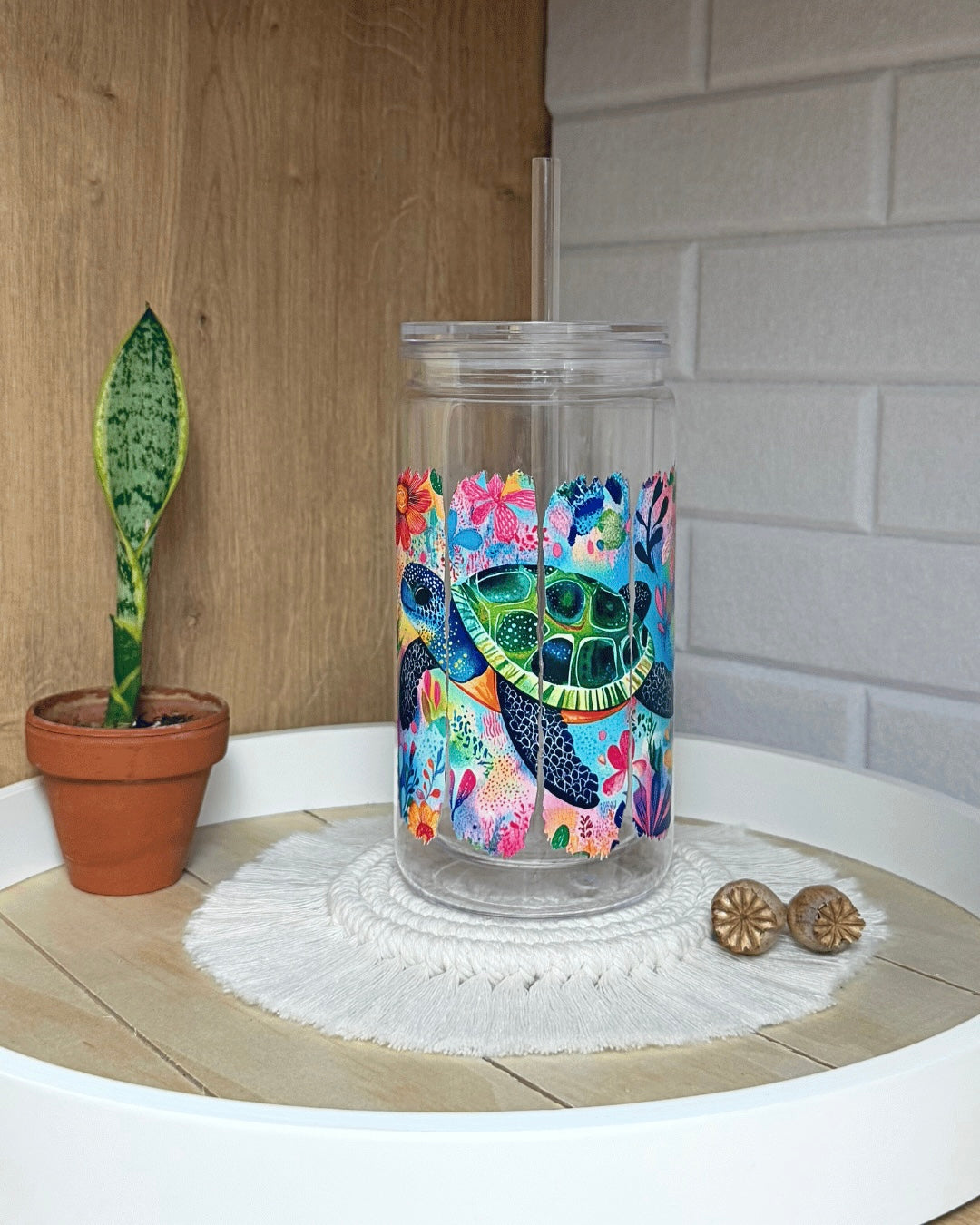 Schneekugel-Glitzertrinkbecher 470ml "Schildkröte Pinselstrich"