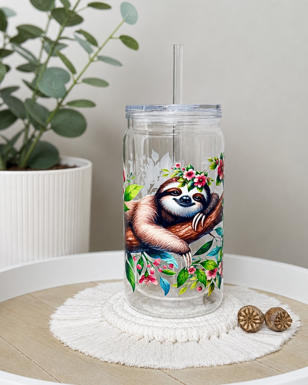 Schneekugel-Glitzertrinkbecher "Niedliches Faultier" 470 ml