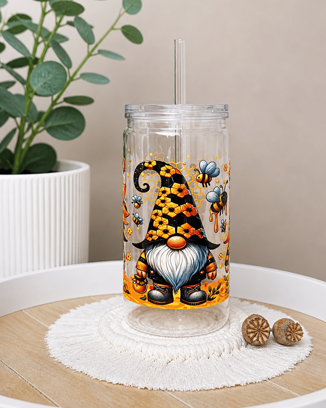 Schneekugel-Glitzertrinkbecher "Sonnenblumenzwerge" 470 ml