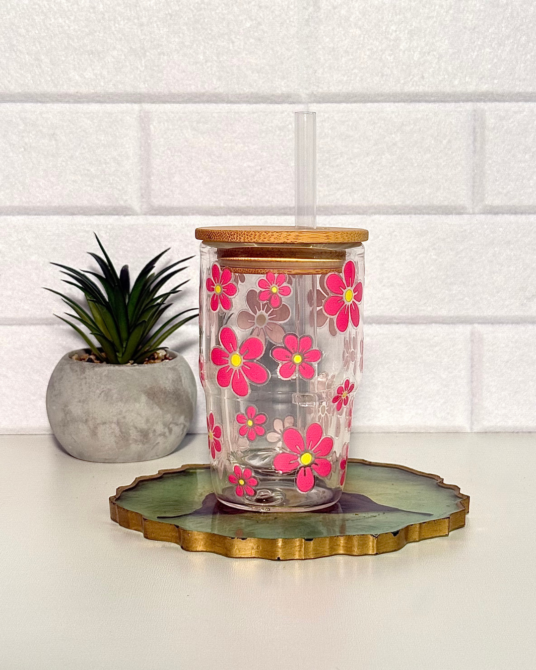 Schneekugel Mini-Glitzertrinkglas 130ml "Pinke Blütenpracht"